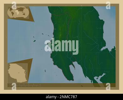 Zanzibar West, region of Tanzania. Colored elevation map with lakes and rivers. Locations of major cities of the region. Corner auxiliary location map Stock Photo