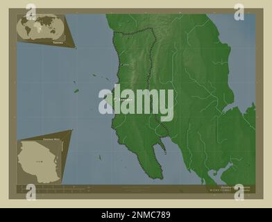 Zanzibar West, region of Tanzania. Elevation map colored in wiki style with lakes and rivers. Locations and names of major cities of the region. Corne Stock Photo