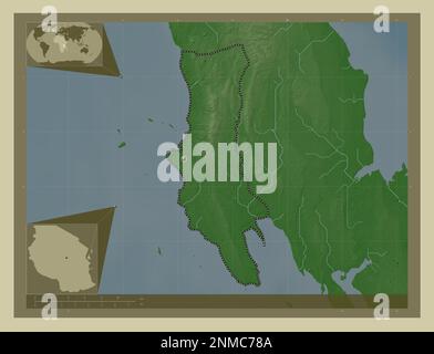 Zanzibar West, region of Tanzania. Elevation map colored in wiki style with lakes and rivers. Corner auxiliary location maps Stock Photo
