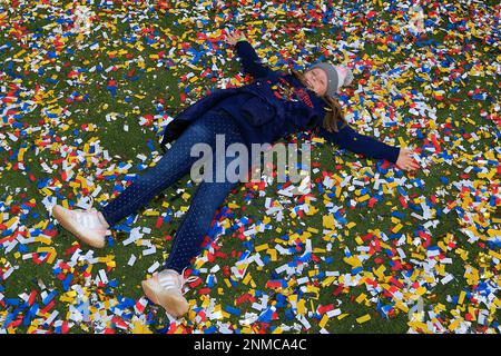 ATLANTA, GA - NOVEMBER 05: Ozzie Albies #1 of the Atlanta Braves and his  girlfriend Andrea during the Celebration at Truist Park on November 5, 2021  in Atlanta, Georgia. (Photo by David