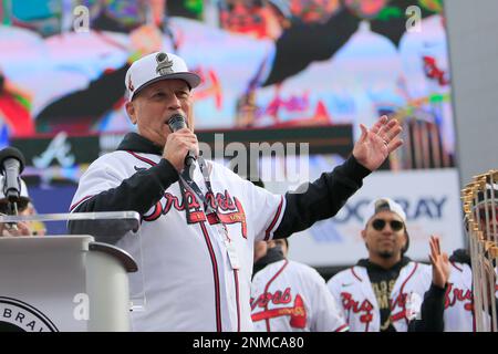 ATLANTA, GA - NOVEMBER 05: Atlanta Braves manager Brian Snitker and family  wave to fans during the World Series Parade and Celebration on November  5th, 2021 in Atlanta, GA. (Photo by Rich