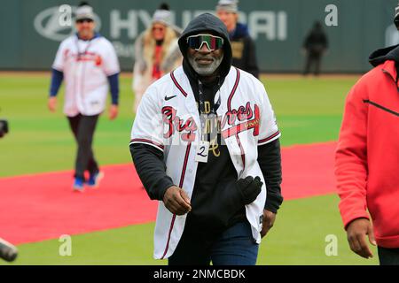 ATLANTA, GA - NOVEMBER 05: Ozzie Albies #1 of the Atlanta Braves and his  girlfriend Andrea during the Celebration at Truist Park on November 5, 2021  in Atlanta, Georgia. (Photo by David