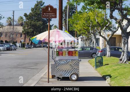 Street fruit cart shown in Los Angeles County on a sunny day. Stock Photo