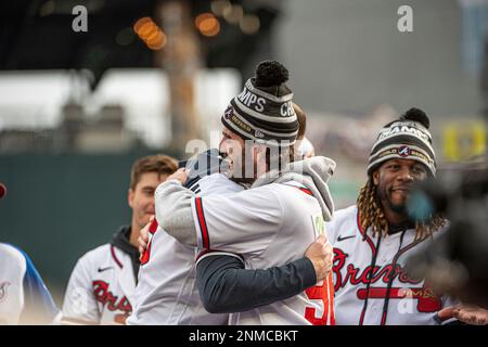 Atlanta, USA. 05th Nov, 2021. Shortstop Dansby Swanson addresses fans at a  ceremony after a parade to celebrate the World Series Championship for the  Atlanta Braves at Truist Park in Atlanta, Georgia