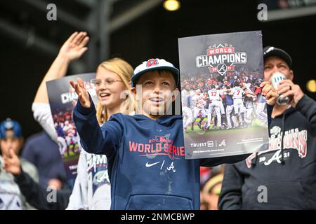 ATLANTA, GA - NOVEMBER 05: Ozzie Albies #1 of the Atlanta Braves and his  girlfriend Andrea during the Celebration at Truist Park on November 5, 2021  in Atlanta, Georgia. (Photo by David