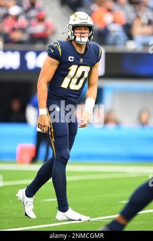 Los Angeles Chargers quarterback Justin Herbert throws against the New  England Patriots during the second half of an NFL football game Sunday,  Oct. 31, 2021, in Inglewood, Calif. (AP Photo/John McCoy Stock