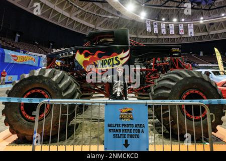 NORFOLK, VA - OCTOBER 31: Monster Truck Bone Shaker driven by Cody Holman  doing stunts during Hot Wheels Monster Trucks Live on October 31, 2021, at  Scope Arena in Norfolk, VA. (Photo