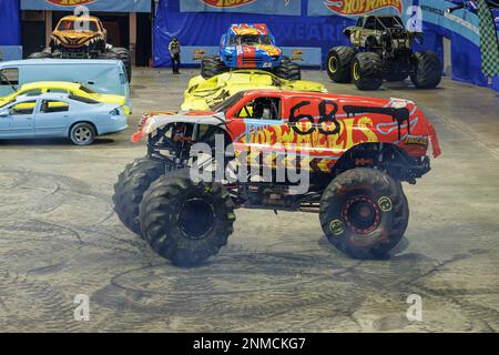 NORFOLK, VA - OCTOBER 31: Monster Truck Bone Shaker driven by Cody Holman  doing stunts during Hot Wheels Monster Trucks Live on October 31, 2021, at  Scope Arena in Norfolk, VA. (Photo