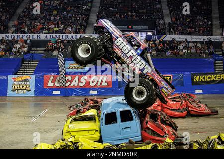 NORFOLK, VA - OCTOBER 31: Monster Truck Bone Shaker driven by Cody Holman  doing stunts during Hot Wheels Monster Trucks Live on October 31, 2021, at  Scope Arena in Norfolk, VA. (Photo