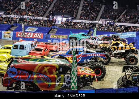 NORFOLK, VA - OCTOBER 31: Monster Truck Bone Shaker driven by Cody Holman  doing stunts during Hot Wheels Monster Trucks Live on October 31, 2021, at  Scope Arena in Norfolk, VA. (Photo