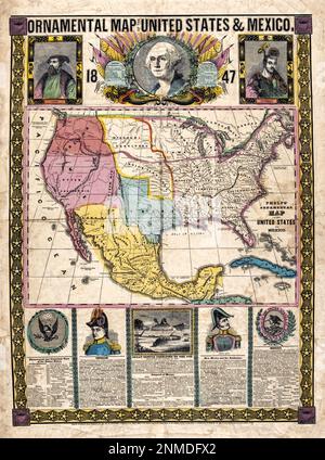 Enhanced, restored, reproduction of an antique map showing the United States and Mexico mid 19th century. Original title: 'Ornamental map of the United States & Mexico.' Published 1847. Gives historical data, thumbnail biographies, and statistical data within information boxes. Includes portraits of Cortez, Montezuma, Washington, Gen. Santa Anna, Gen. Taylor. Shows route of certain railroads. This antique map was intended for decorative purposes but is full of historical information. Although edited and brightened, this reproduction retains imperfections characteristic of an antique wall map. Stock Photo