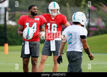 Miami Dolphins quarterbacks Jacoby Brissett (14) passes during an NFL  football practice at Baptist Health Training Complex in Hard Rock Stadium  on Wednesday, Oct. 6, 2021, in Miami Gardens, Fla. The Dolphins