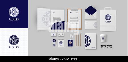 Corporate identity premium branding design. Stationery mockup vector template for business and respectable company. Based on vintage luxury blue logo. Stock Vector