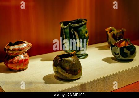 The pottery of Mississippi master potter George Ohr is displayed at Ohr-O’Keefe Museum of Art, Feb. 22, 2023, in Biloxi, Mississippi. Stock Photo