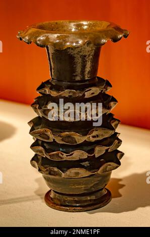 A vase created by Mississippi master potter George Ohr is displayed at Ohr-O’Keefe Museum of Art, Feb. 22, 2023, in Biloxi, Mississippi. Stock Photo