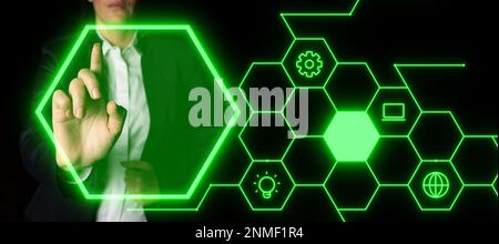 Lady In Suit Standing pressing On virtual button. Woman In Suit Standing Pointing On Futuristic Graphic Interface. Presenting Modern Virtual Stock Photo