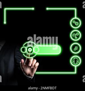 Man sitting at the table with laptop. Big white speech bubble for text overhead. Empty Dialog box on bright colored background. drawing illustration. Stock Photo