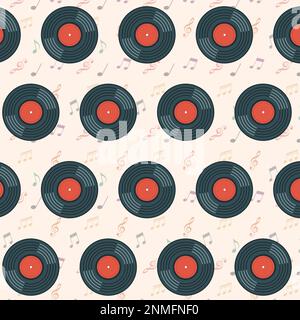 Pattern With Vinyl Record And Musical Notes. Music Background Design Flat Style Vector Illustration Stock Vector