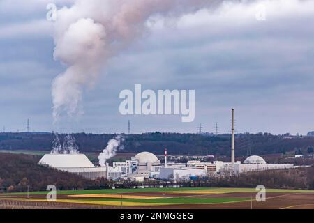 Neckarwestheim nuclear power plant, GKN, with reactor building, reactor 2 remains on the grid until 15 April 2023, the temporary continued operation Stock Photo