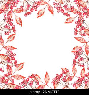 Watercolor frame with viburnum and leaves. Hand-drawn elements on a white background for the design of autumn products. Stock Photo