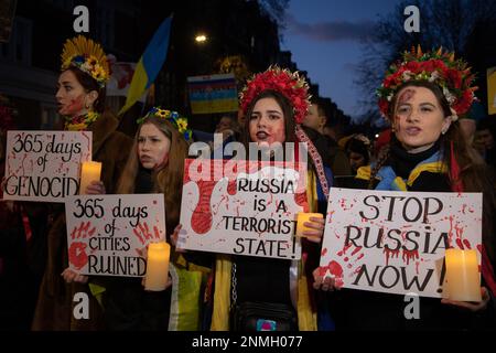 London, UK. 24th Feb 2023. London, UK. Ukrainian women rally outside the Russian Embassy to mark the 365 days since  Russia's invasion of their country. Credit: Kiki Streitberger /Alamy Live News Stock Photo