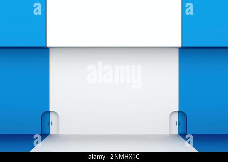 Front view on blank blue white metal wall with place for your poster or advertising banner in abstract empty hall with two entrance. 3D rendering, moc Stock Photo