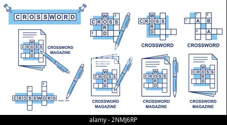 Crossword puzzle magazine, solve cross word in newspaper with writing pen line icon set. Riddle, logical leisure game. Grid answer to question. Vector Stock Vector