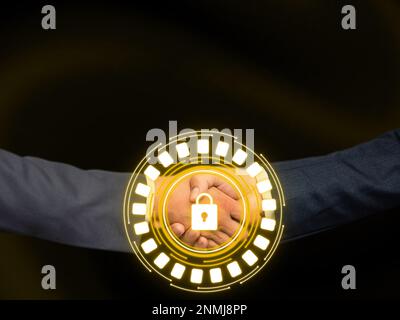 Two men in suits shaking hands in front futuristic style background with colored glow. New digital technologies of future. Handshake represents Stock Photo