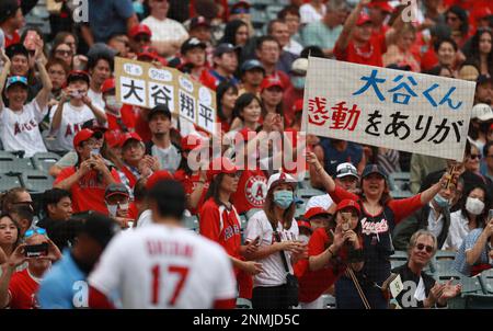 Fans cheer for the Los Angeles Angels and two-way player Shohei Ohtani  during a game against the Seattle Mariners on Sept. 26, 2021, at Angel  Stadium in Anaheim, California. (Kyodo)==Kyodo Photo via