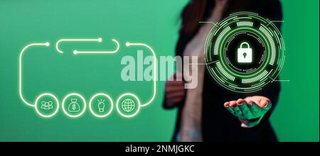 Man sitting at the table with laptop. Big white speech bubble for text overhead. Empty Dialog box on bright colored background. drawing illustration. Stock Photo