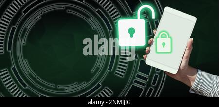 Hand Holding mobile phone presenting New Futuristic Technologies. Palm Carrying cellphone Displaying Solving Late Innovative Virtual Ideas. Screen Stock Photo