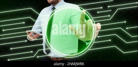 Man in office shirt satnding and holding mobile phone. Businessman pressing virtual button with his finger. Unlock, switch on. Futuristic colored glow Stock Photo