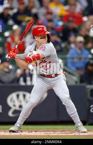 MILWAUKEE, WI - JUNE 22: St. Louis Cardinals center fielder Harrison Bader  (48) bats during an MLB game against the Milwaukee Brewers on June 22, 2022  at American Family Field in Milwaukee