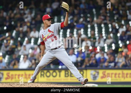 MILWAUKEE, WI - SEPTEMBER 21: St. Louis Cardinals center fielder Harrison  Bader (48) runs off the field during a game between the Milwaukee Brewers  and the St Louis Cardinals at American Family