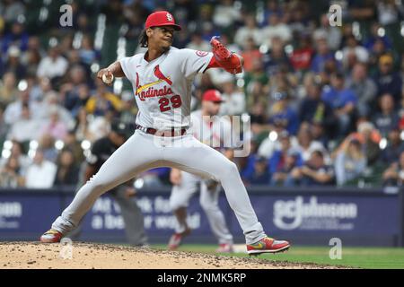 MILWAUKEE, WI - JUNE 22: St. Louis Cardinals center fielder Harrison Bader  (48) bats during an MLB game against the Milwaukee Brewers on June 22, 2022  at American Family Field in Milwaukee