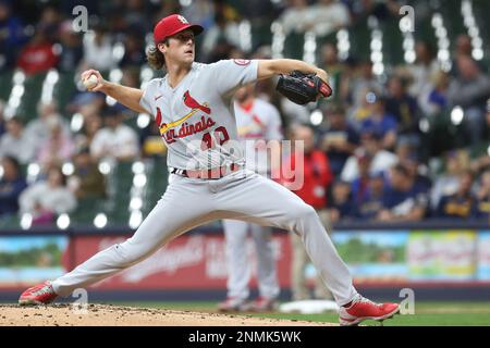 September 5, 2021: St. Louis Cardinals center fielder Harrison Bader #48  breaks his bat on a double during MLB baseball game between the St. Louis  Cardinals and the Milwaukee Brewers at American