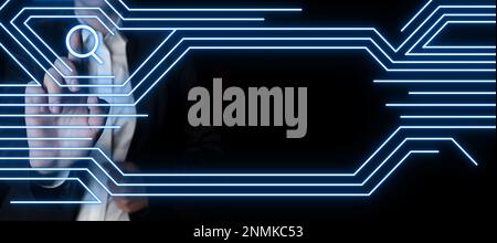 Lady In Suit Standing pressing On virtual button. Woman In Suit Standing Pointing On Futuristic Graphic Interface. Presenting Modern Virtual Stock Photo