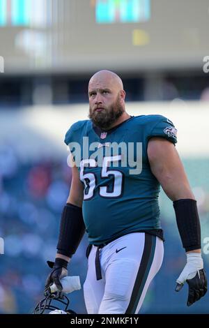 Philadelphia Eagles offensive tackle Lane Johnson (65) walks off the field  against the New York Giants during an NFL football game Sunday, Dec. 11,  2022, in East Rutherford, N.J. (AP Photo/Adam Hunger