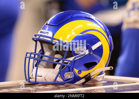 A Los Angeles Rams helmet sits on the sideline during the NFL