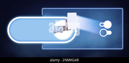 Hand Holding mobile phone presenting New Futuristic Technologies. Palm Carrying cellphone Displaying Solving Late Innovative Virtual Ideas. Screen Stock Photo