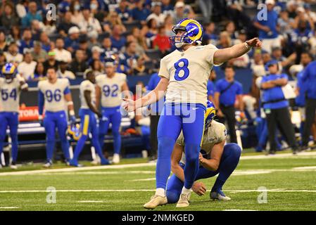 Los Angeles Rams place kicker Tanner Brown (49) kicks off against the  Denver Broncos of an NFL football game Saturday, Aug 26, 2023, in Denver.  (AP Photo/Bart Young Stock Photo - Alamy