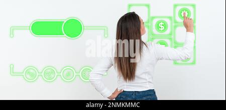 Businesswoman in white office sirt standing and pressing virtual button with her finger. Women presenting new technologies for future. Futuristic Stock Photo