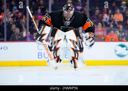 Philadelphia Flyers' Carter Hart stretches before an NHL hockey game  against the Buffalo Sabres, Tuesday, March 9, 2021, in Philadelphia. (AP  Photo/Matt Slocum Stock Photo - Alamy