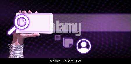 Hand Holding mobile phone presenting New Futuristic Technologies. Palm Carrying cellphone Displaying Solving Late Innovative Virtual Ideas. Screen Stock Photo