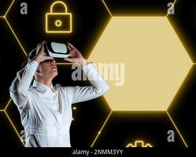 Lady in white shirt Wearing Vr Glasses And Looking On Important Messages. Businesswoman Having Virtual Reality Eyeglasses And Showing Crutial Stock Photo