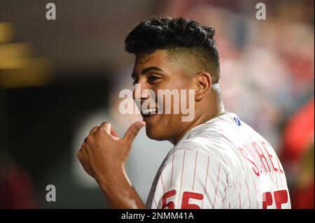 Philadelphia Phillies starting pitcher Ranger Suarez and catcher J.T.  Realmuto celebrate after winning the baseball NL Championship Series  against the San Diego Padres on Sunday, Oct. 23, 2022, in Philadelphia. (AP  Photo/Brynn