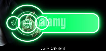 Lady In Suit Standing Pointing On virtual button. Futuristic Graphic. Stock Photo