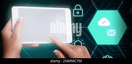 Two Hands Holding mobile phone and press on screen. Cellphone presenting New Futuristic Technologies. Palms Carrying cellphone Displaying Late Stock Photo