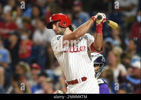 Philadelphia Phillies Pinch Hitter Matt Stairs connects on a Ronald  Belisario pitch in the top of the seventh inning, driving in two runs,  putting the Phillies ahead 2-0 (Credit Image: © Tony