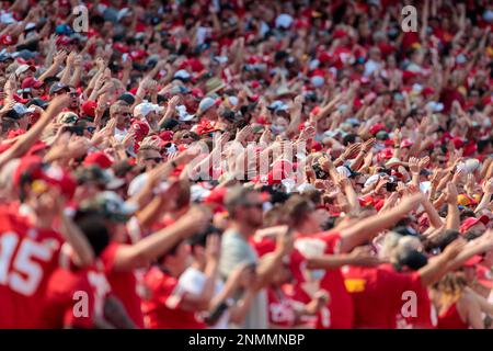 Kansas City Chiefs fans do the tomahawk chop before the start of an NFL  football game against the Buffalo Bills, Sunday, Oct. 16, 2022 in Kansas  City, Mo. (AP Photo/Reed Hoffmann Stock